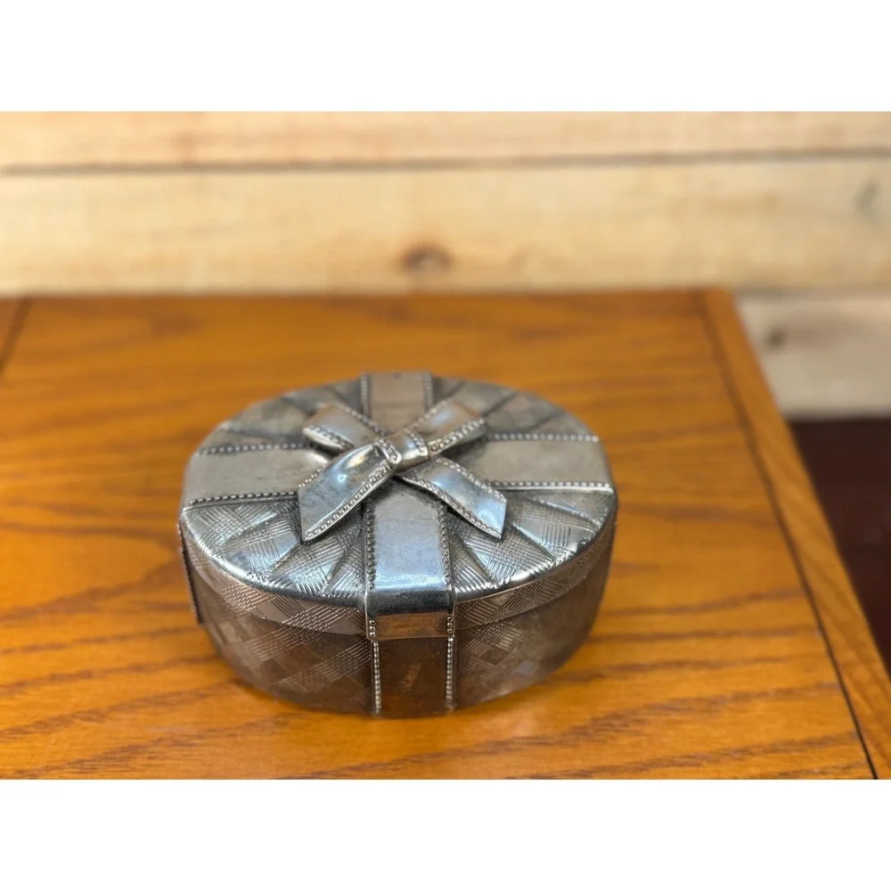 Vintage Godinger-Type 1991 Silver Plate Oval Bow Trinket Jewelry Box Velvet
